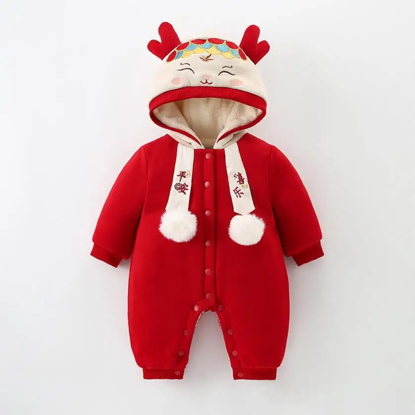 

2023 Winter New Baby Cartoon Design Romper Newborn Hooded Plush Jacket Infant Boys Girls Thicker Warm Cotton Jumpsuit L1944