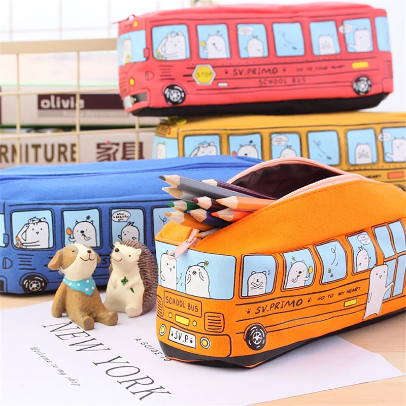 Kawaii Cartoon Pencil Case Creative Bus Cute Pencil Case Canvas Stationery Box Large Capacity School Supplies Pencil Bag Gifts
