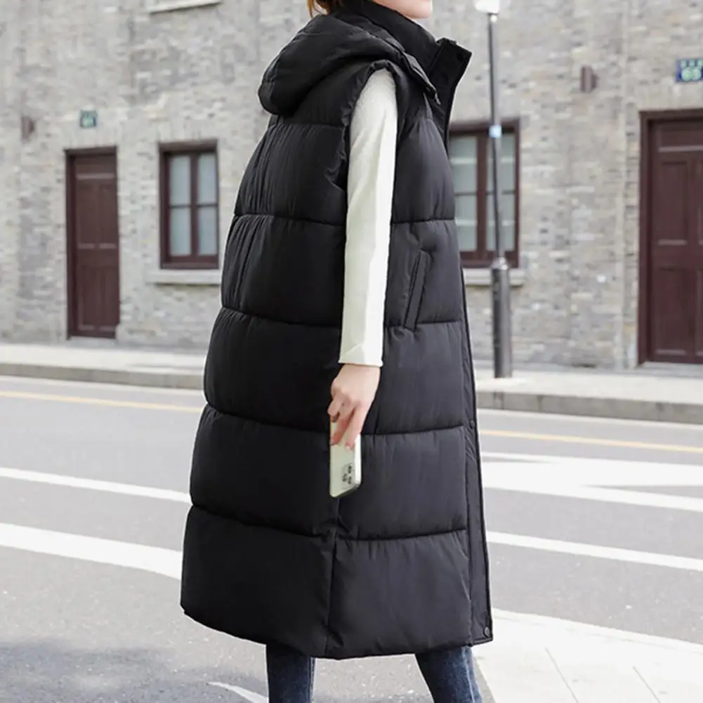 Zipper Closure Vest Women's Windproof Hooded Cotton Padded Vest Coat Long Down Waistcoat Outwear for Autumn Winter Warm Snow