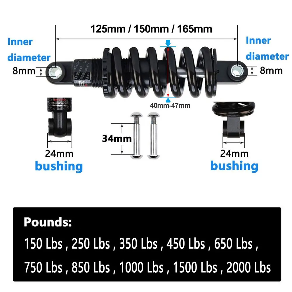 AttLvTu-Bike 후방 충격 흡수 장치, 스프링, MTB, 125mm, 150mm, 165mm, GS-121A, 1002000lbs, 서스펜션 댐퍼