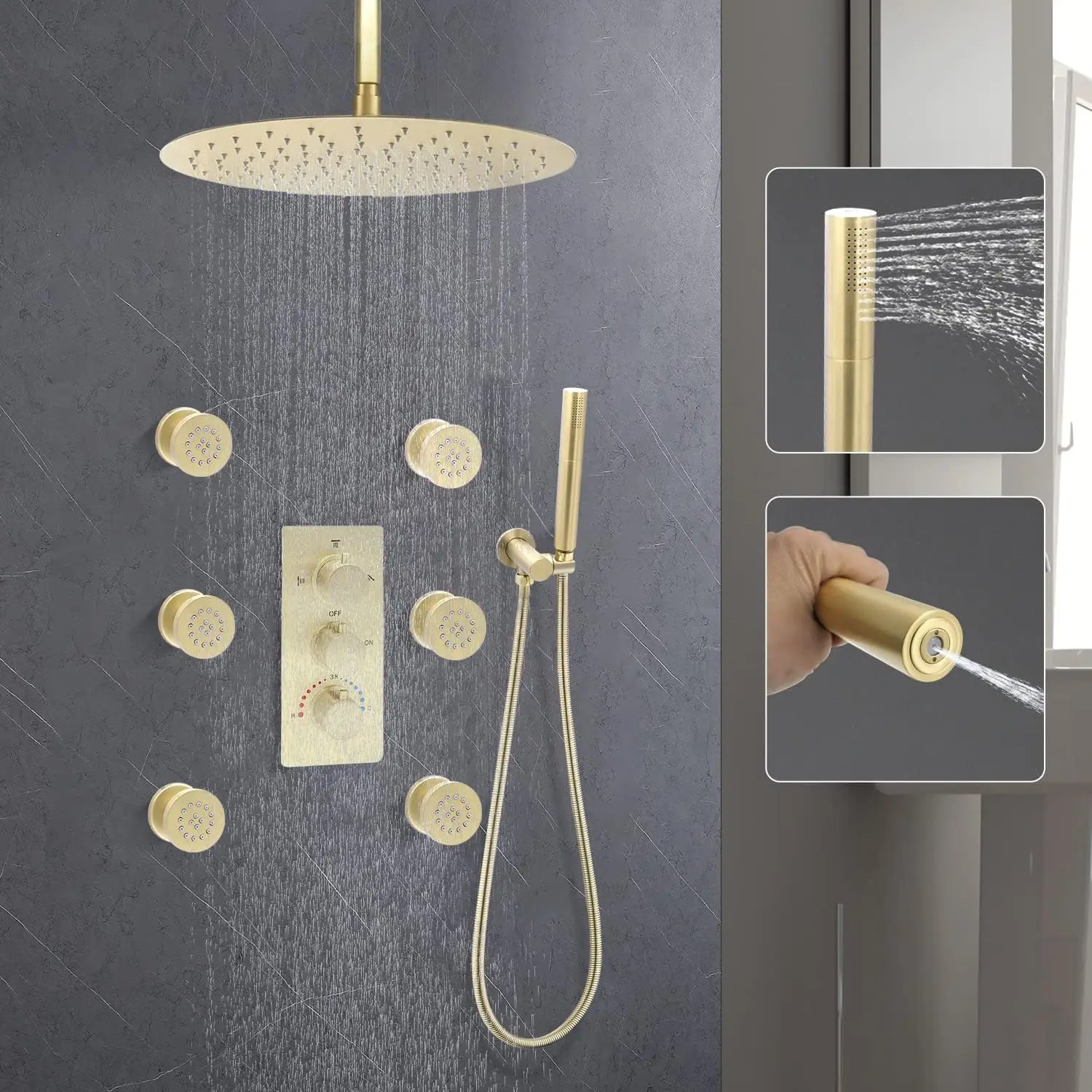 

Delnet Round Shower Faucets Complere Set - 16inch Thermostatic Rain Shower Full Body Spray System with Dual-fucntion Hand Shower