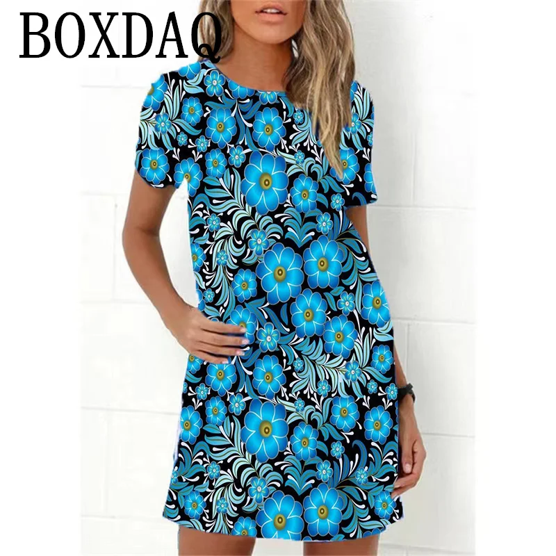 

Blue Flower Print Women Dress Elegant Sweet Casual Short Sleeve Loose A-Line Dress Oversized Summer Beach Dress Female Sundress