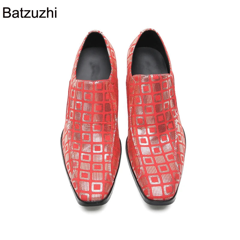 Batzuzhi 6.5CM High Heels Men's Shoes Pointed Toe Red Genuine Leather Dress Shoes Men Slip on Fashion Party/Wedding Shoes Men