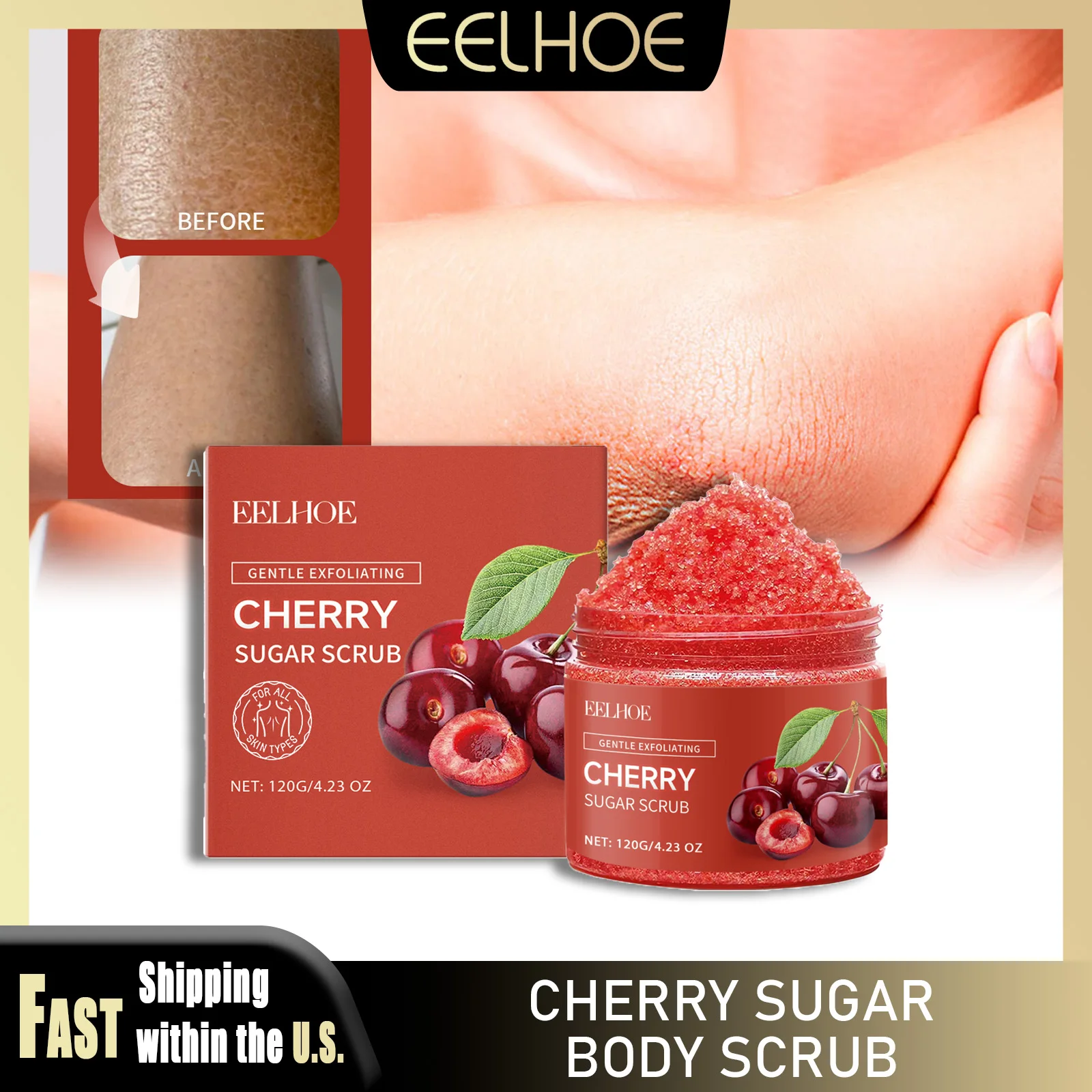 EELHOE 120g Cherry Sugar Body Scrub Deep Cleansing Exfoliating Dark Skin Lighten Pore Cleanser More Elastic Smoother Skin Gel