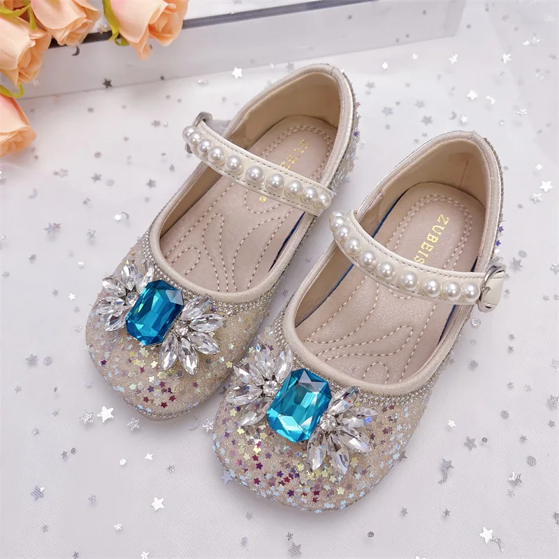 

Girls Flats Rhinestone Princess Shoes Pearls Mary Janes Bling Wedding Shoe Dance Show Party Children Leather Sneakers