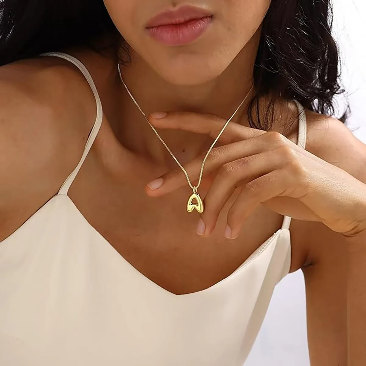 Stainless Steel Chubby Alphabet Initial Small Pendant Necklace for Women Gold Plated Polished Bubble Balloon Letter A-Z Choker
