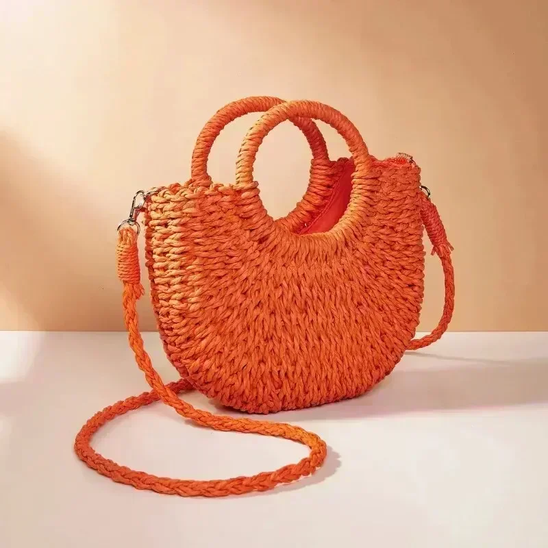 Handwoven Straw Rattan Half-Moon Beach Handbag, Large Capacity Women Summer Hollow Out Shoulder Crossbody Bag, Woven Tote Bag