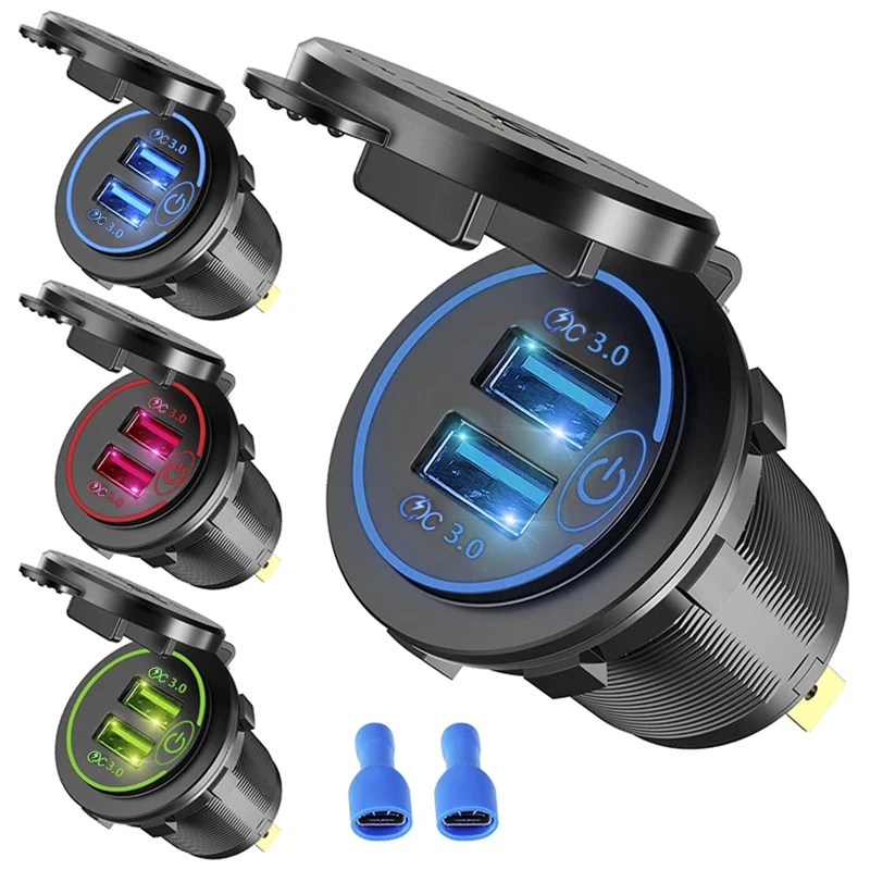 Quick Charge 3.0 Dual USB Car Charger Socket Waterproof 12V/24V USB Fast Charging Socket Power Outlet with Touch Switch