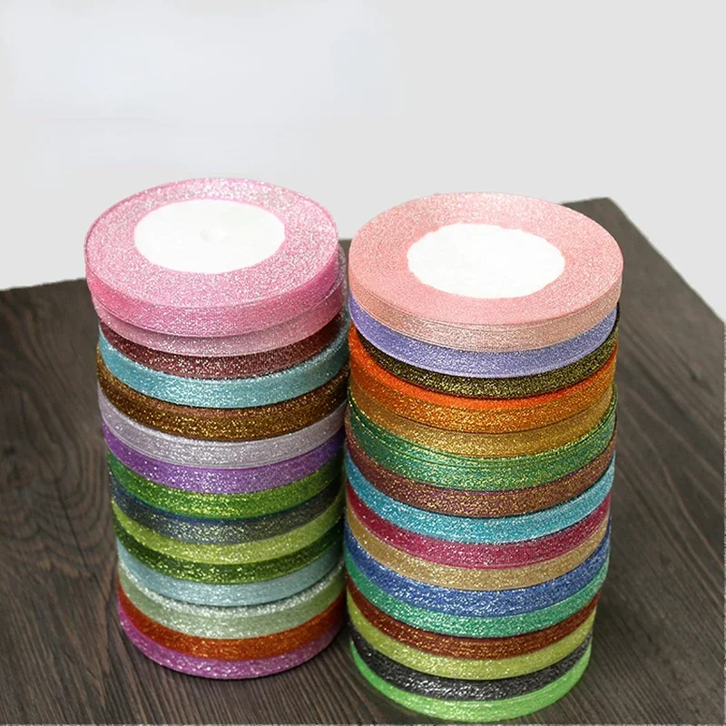 1cm 25Yards Glitter Satin Ribbon for Gift Packaging and Decorations