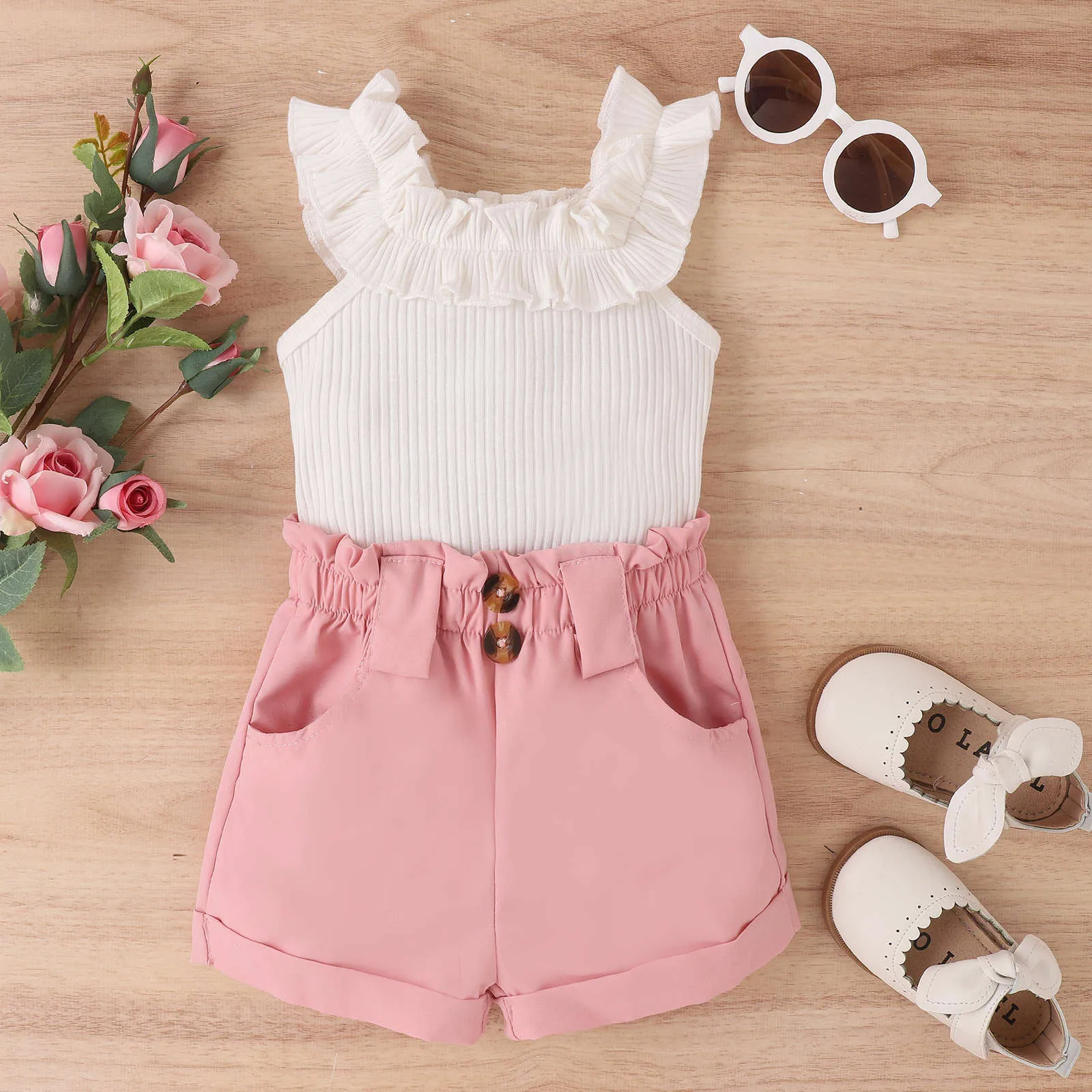 

Kids Girls Clothing Sets Summer New Style Baby Girls Clothes Ruffles Sleeveless Tops+Shorts Sets 2Pcs Children Clothes Suits