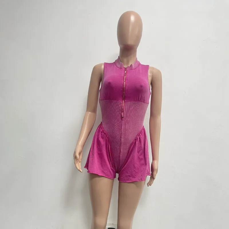 2024 Summer Solid Patchwork Ribbed Slim Casual One Piece Rompers Women O-neck Sleeveless Zipper Streetwear Wide Leg Playsuits