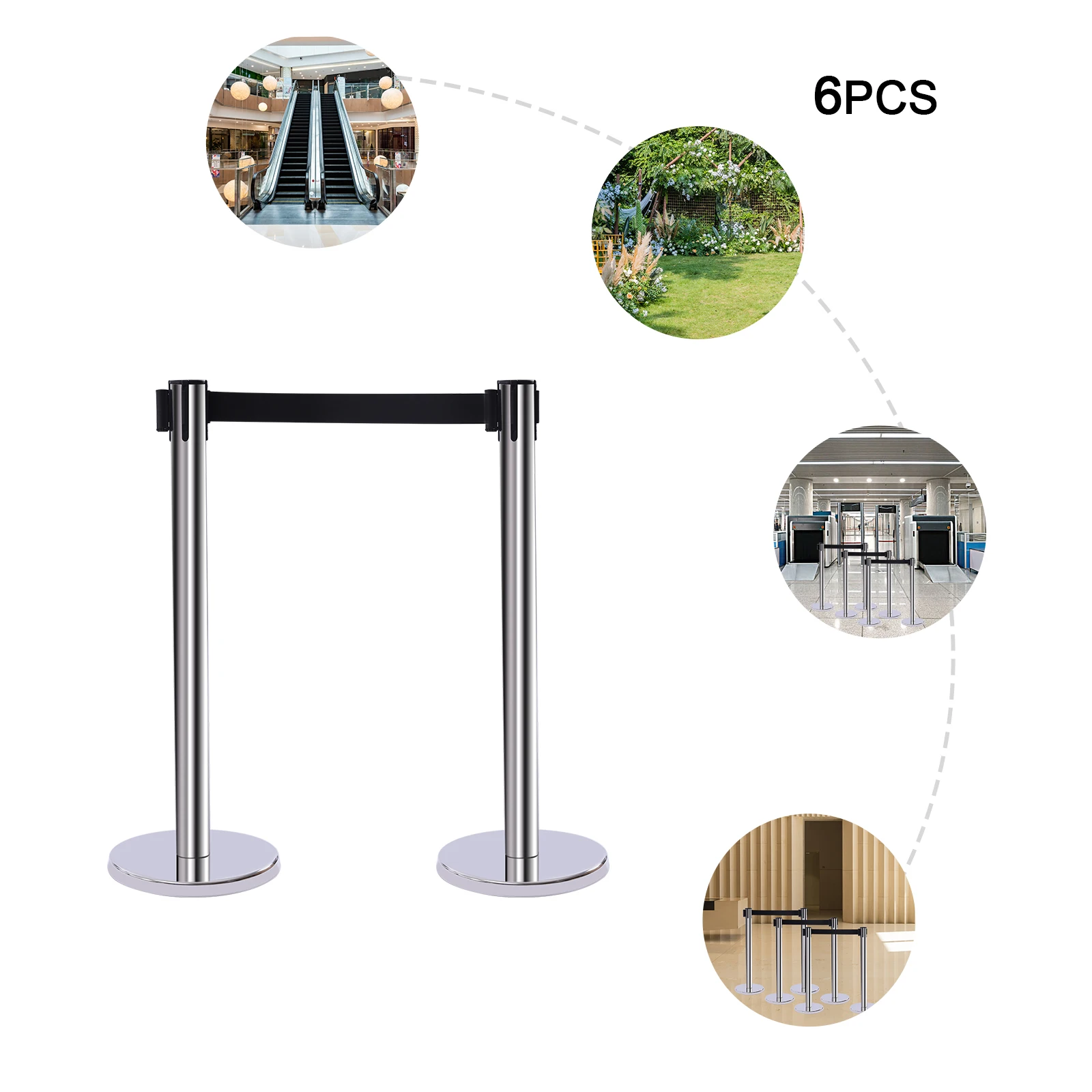 6 Pcs Stainless Steel Stanchions Posts, 6.5' Silver Retractable Belt Rope, Barriers Crowd Control Barriers, Silver Queue Pole