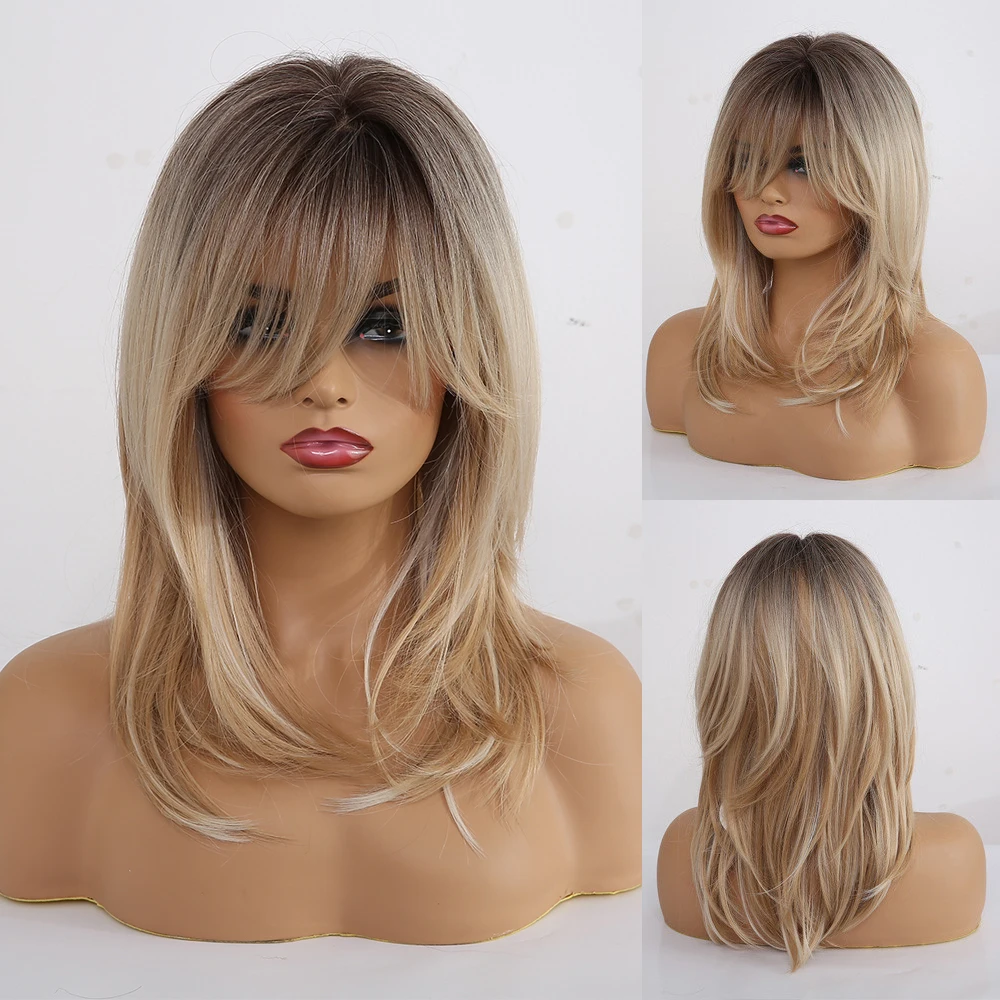 EASIHAIR Synthetic Wigs for Women Ombre Brown Blonde Wigs with Bangs Layered Cosplay Wigs Heat Resistant Medium Length Wig