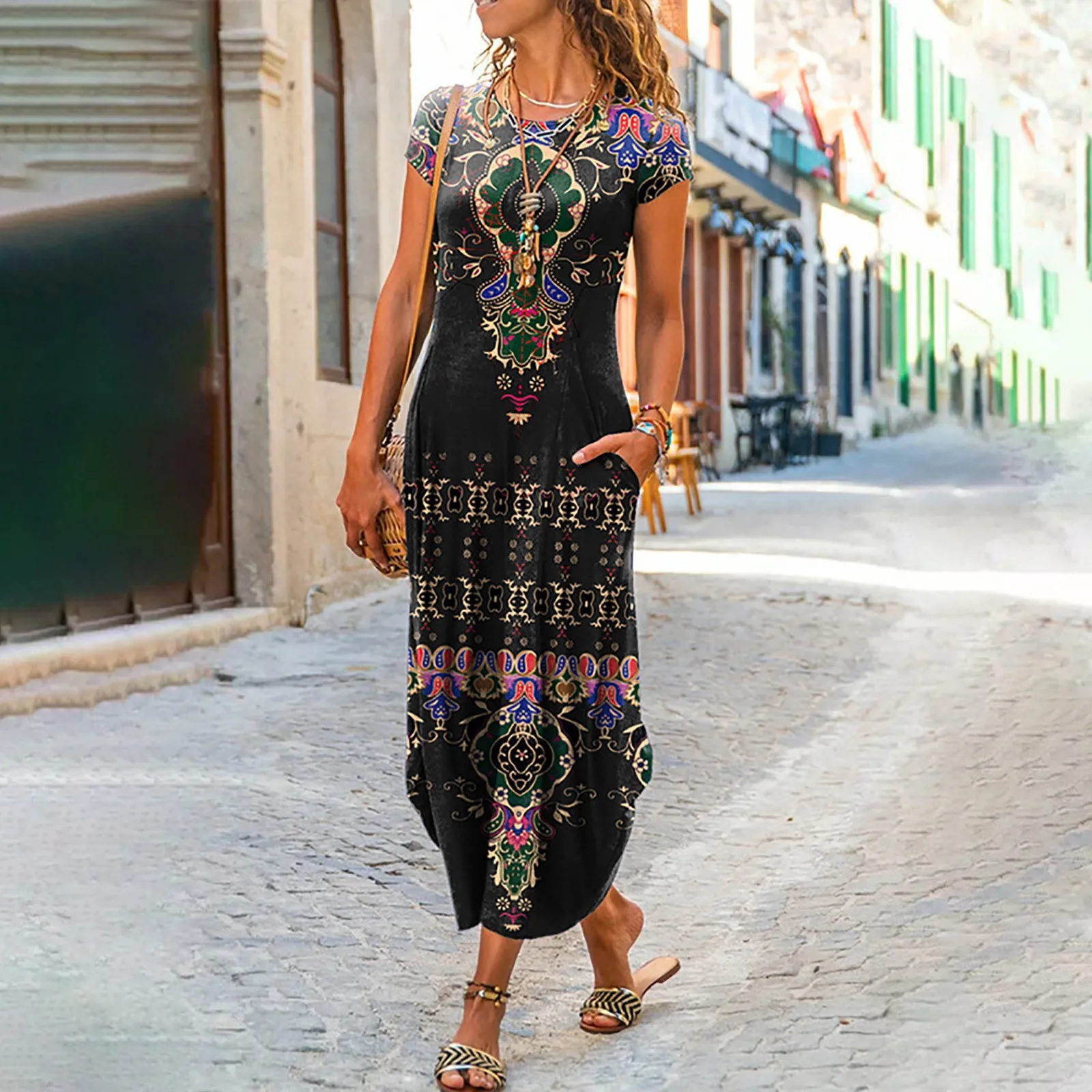 

Women Casual Loose Short Sleeve Dress Summer Pocket Boho Bow Befree Maxi Dress Vintage Printed Ruffles Robe Femme Party Vestidos