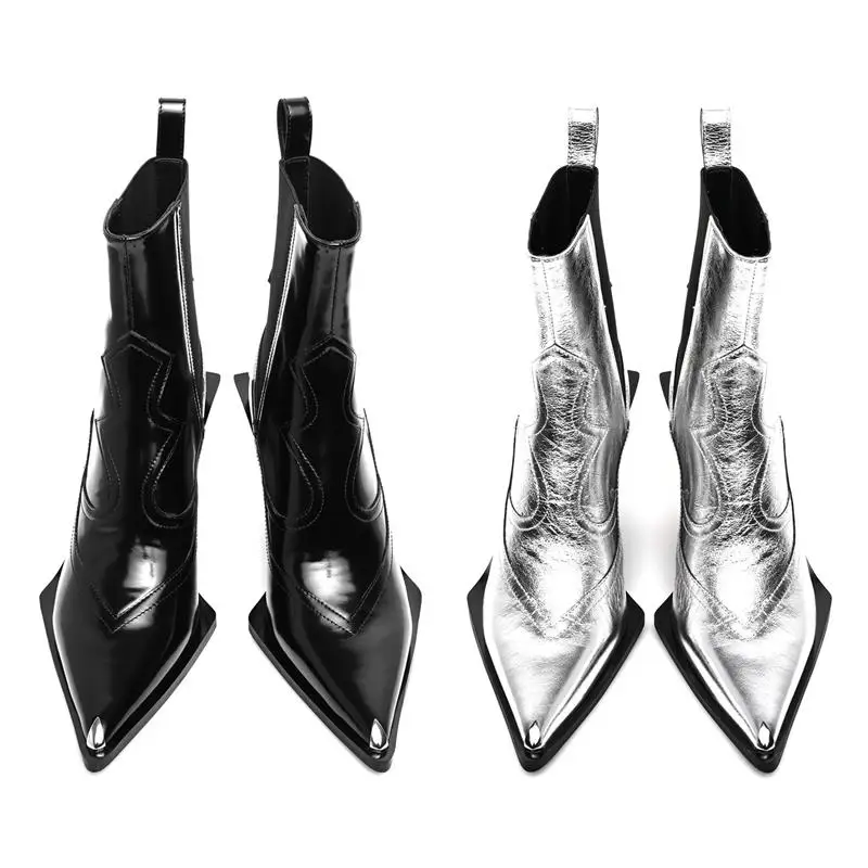 

Silvery Pointed Toe Shoes Black Wedge Chelsea Boots Chunky Patent Leather Elastic Boots Fashion Versatile Silver Sleeve Booties