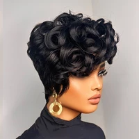 1B #   Perruque de cheveux humains coupe lutin pour femmes, 6 pouces, couches courtes, amples et bouclées avec frange, densité 180%, cheveux brésiliens Remy, bonnet en filet Rose 3