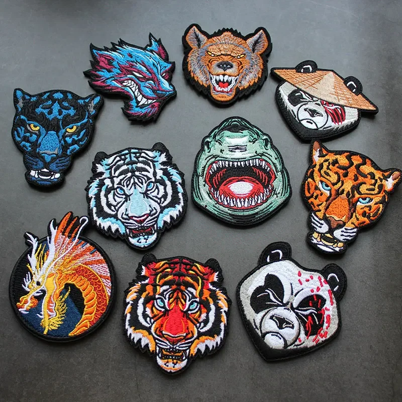Ricamo Animale Hook & Loop Patch Panda Armband Shark Jungle King Tiger Head Emblem Morale Badge Zaino Sticker Campeggio Large