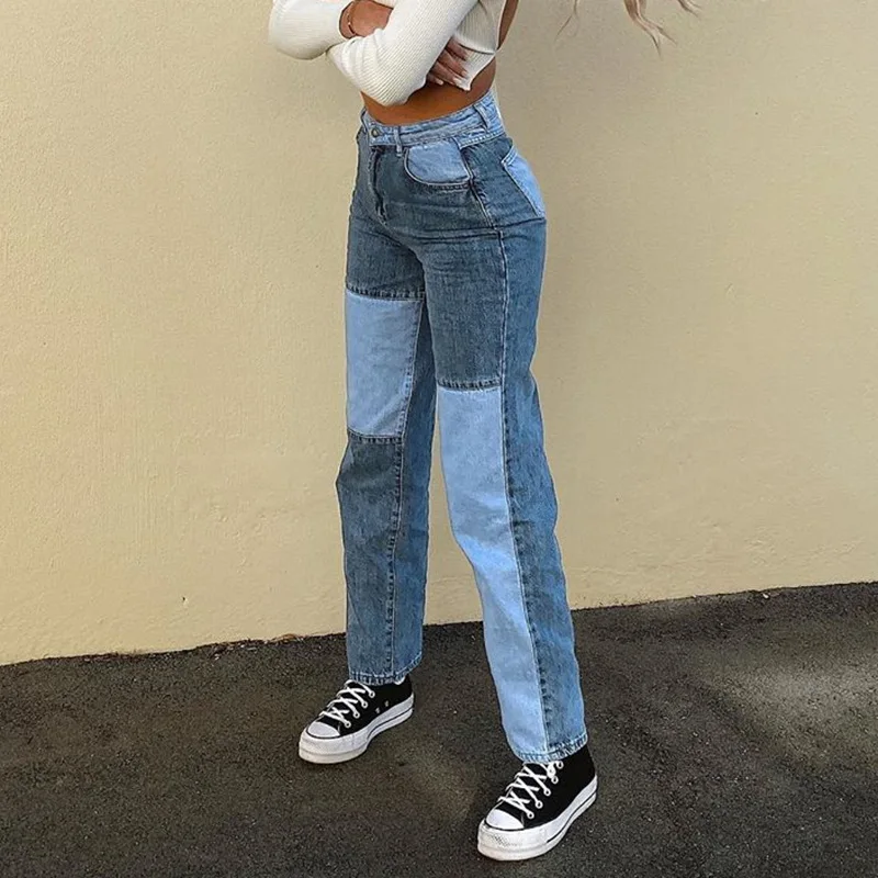 High Waist Patchwork Straight Jean for Women 2023 Sping Casual Loose Denim Pants Ladies Vintage Boyfriend Mom Jeans Trousers