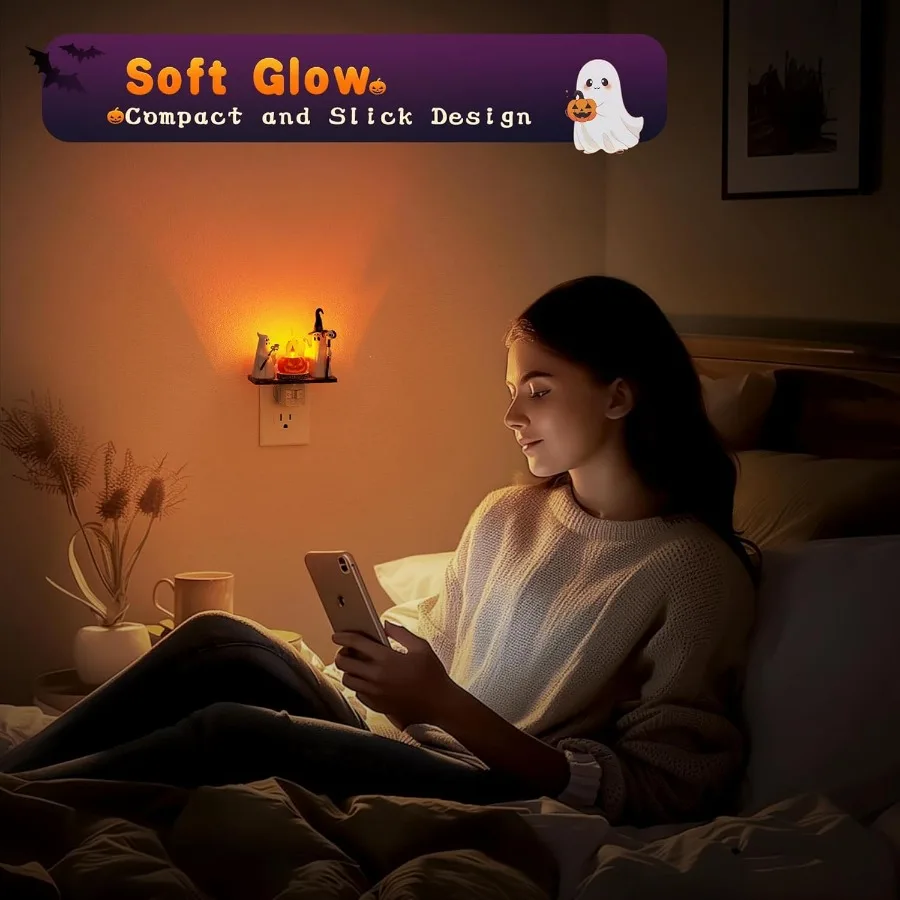 Halloween Night Light Amber Night Lights Plug into Wall Cute Funny Flaming Jumping Night Light with 360 Rotatable Design for Ha