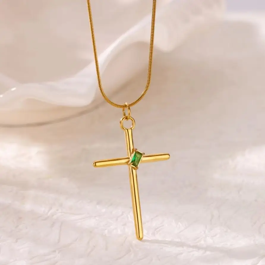 Stainless Steel Zircon Cross Pendant Necklace for Men Women Minimalist