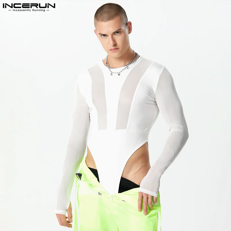 

INCERUN 2023 Sexy New Men Loungewear Stylish Solid Thin Mesh Jumpsuits Casual Personality Patchwork Long Sleeved Bodysuits S-5XL