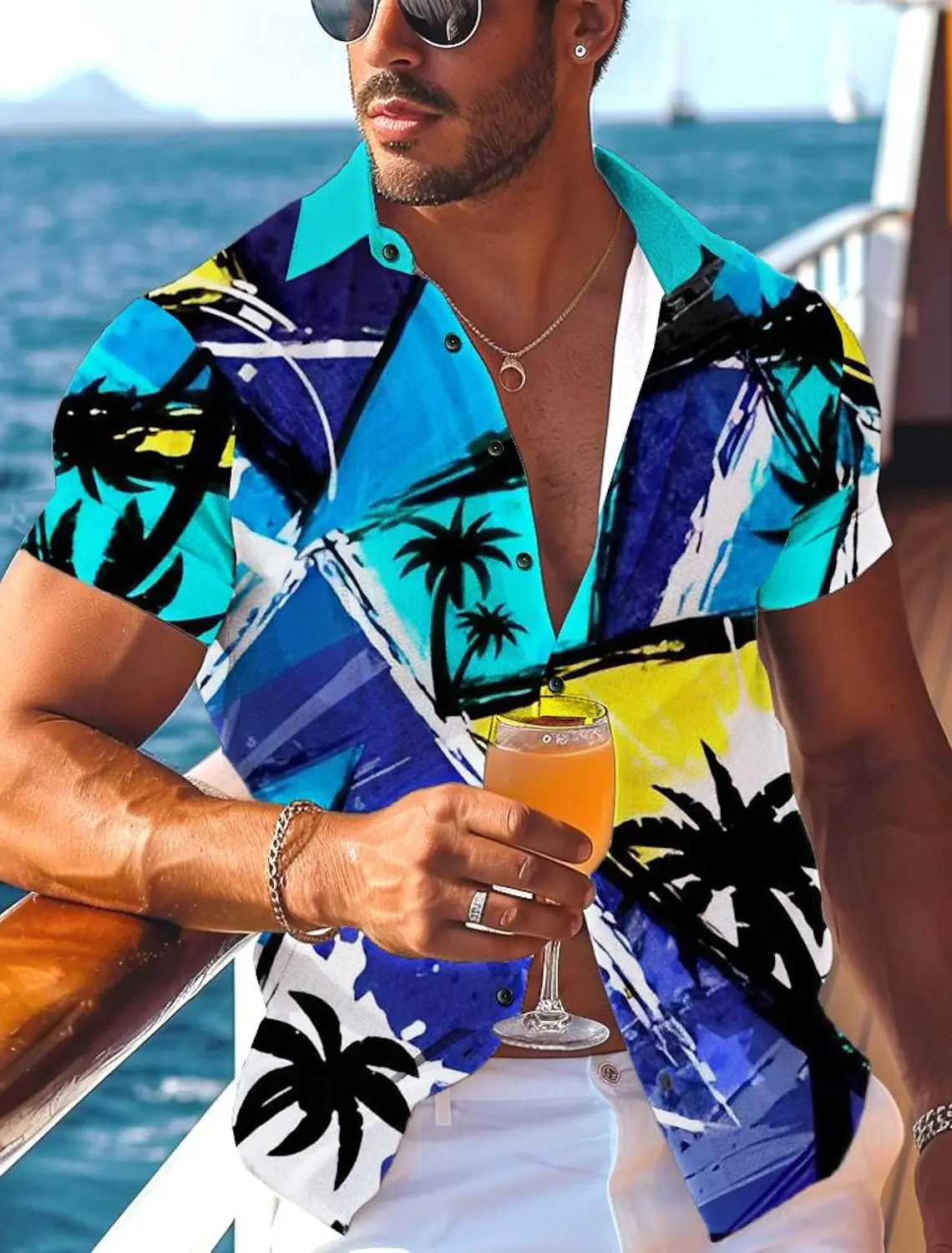thumbnail image 1 of Camisa de hombre con estampado tropical de piña, camisa hawaiana de verano, informal, para vacaciones, verano, primavera, camisa de manga corta con cuello vuelto, tela elástica, 1 of 5