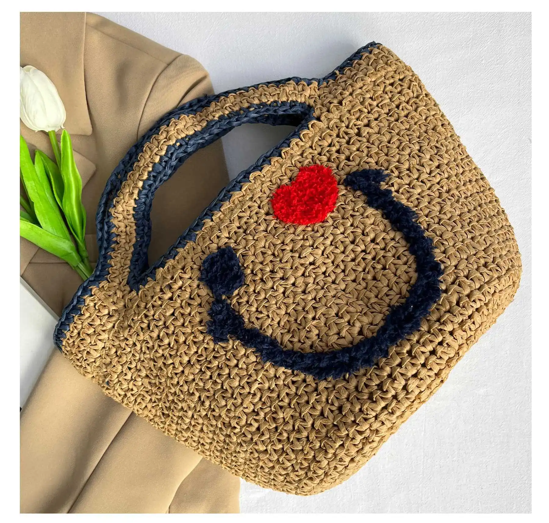 Neue Ankunft Stroh gewebte Handtasche süßes lächelndes Gesicht Eimer gestrickte Tasche Sommer Strand Top-Griff Totes Damen Reise Einkaufen Geldbörse – Detail 5