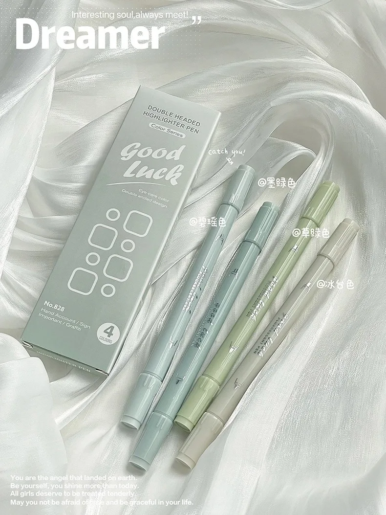 Doppelköpfiges Textmarker-Set mit Farbverlauf, 4 Stück, Kawaii Ins, hochwertiger Schlüssel-Farbmarkierungsstift, DIY-Handbuch für Studenten und Kinder – Detail 3