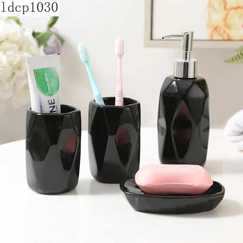 

Black Geometric Ceramic Bathroom Decoration Accessories Irregular Soap Dispenser Toothbrush Holder Nordic Bathroom Supplies
