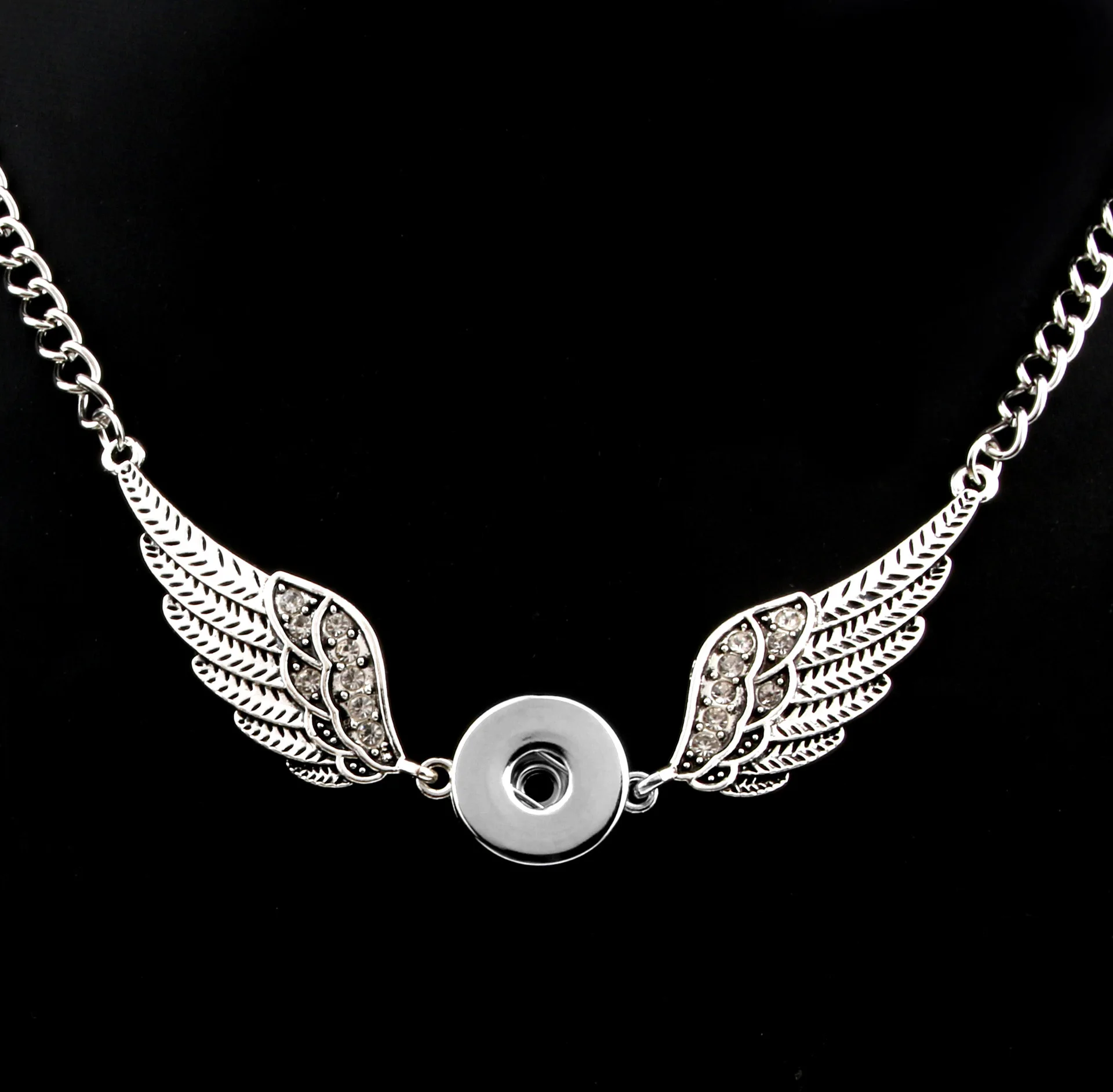 10pcs Vintage Style Crystal Snap Button Necklace 18mm Metal Snaps Buttons Angel Wings Pendant Necklaces For Women Jewelry