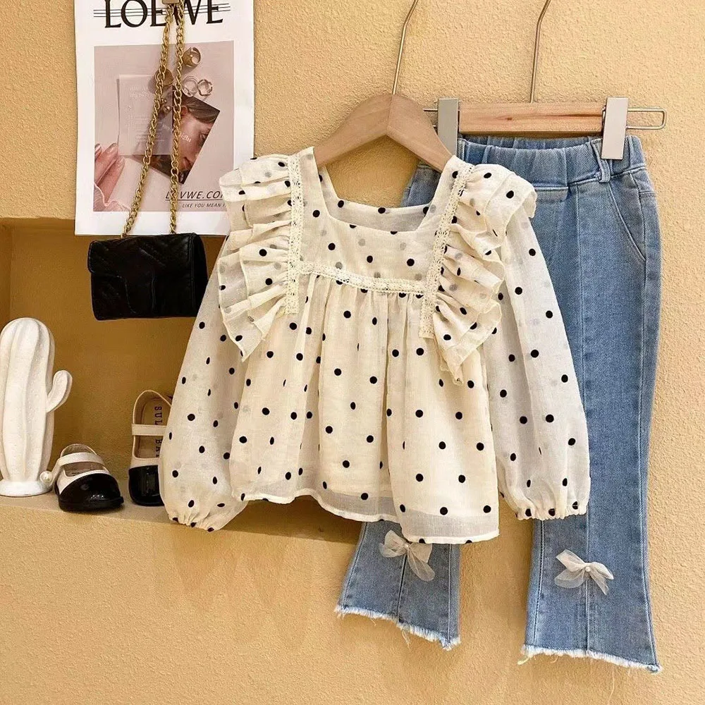 

Fashion Children Clothes Sets Cute Girls Long Sleeve Polka Dots Blouse Tops+Denim Pants 2Pcs Kids Girl Shirts Outfit Suit 1-6Y