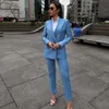 Blue Pinstripe Women Suits Double Breasted Slim Fit 2 Piece Jacket Pants Sets Elegant Female Clothing 2 Piece Jacket Pants Sets 1