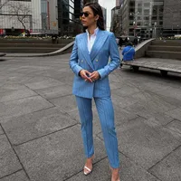 Blue Pinstripe Women Suits Double Breasted Slim Fit 2 Piece Jacket Pants Sets Elegant Female Clothing 2 Piece Jacket Pants Sets 1