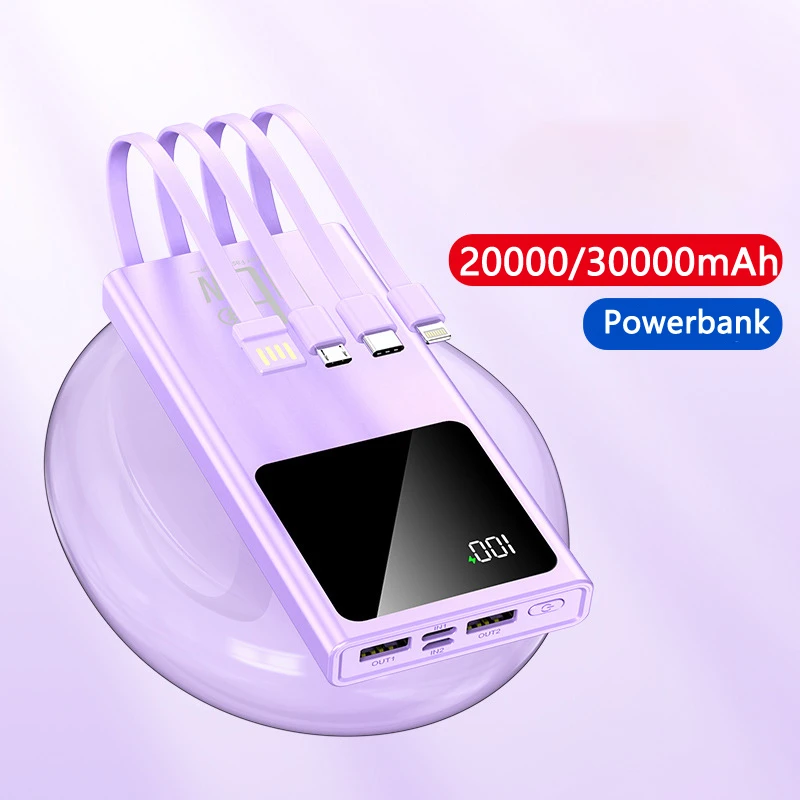 30000mAh Power Bank 66W Super Fast Charging PowerBank for iPhone 16 Samsung Xiaomi Mi Portable Charger Built in Cable Poverbank 5