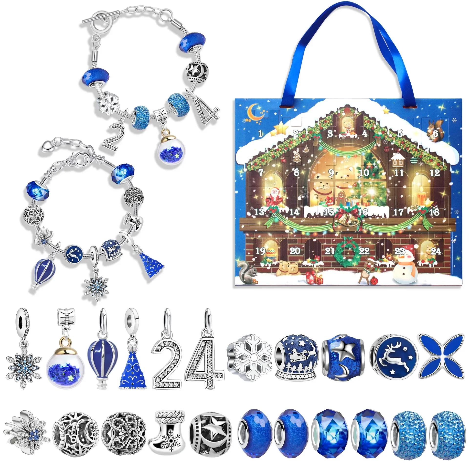 24 Days DIY Advent Calendar Jewelry Gift Box Blue Jewelry Bracelets Set for Girls Kids Countdown Christmas Advent Calendar