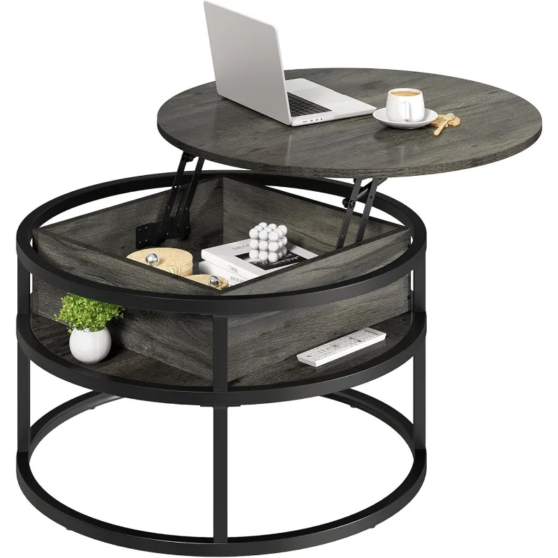 Round lift top coffee table, living room coffee table with hidden storage compartment, coffee table with storage, grey 6