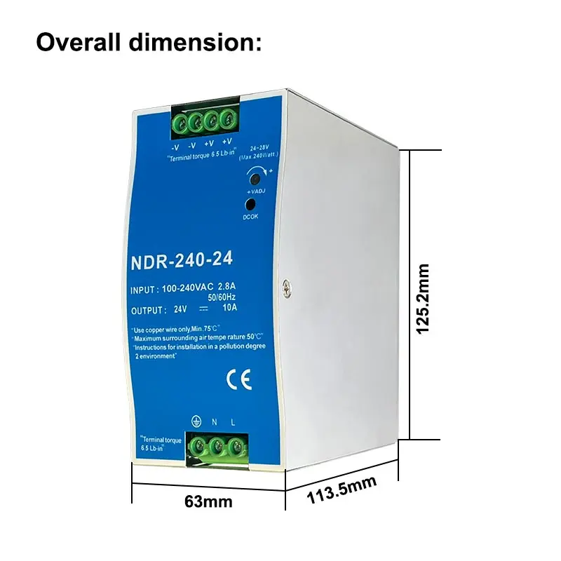 NDR 240W 24V 48V 산업용 DIN 레일 유형 단일 그룹 출력 변압기 240VAC 스위칭 전원 공급 장치