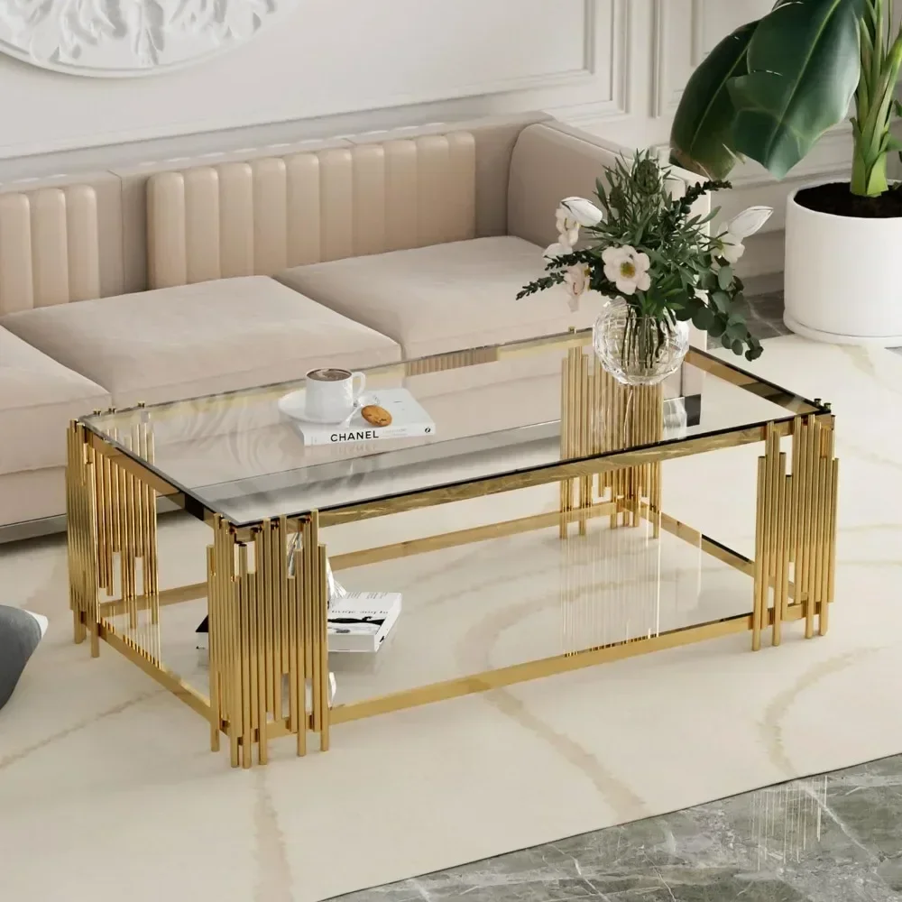 Glass Coffee Table Modern Living Room Table Gold Stainless Steel Metal Leg 51" Rectangular Clear Tempered Glass Center