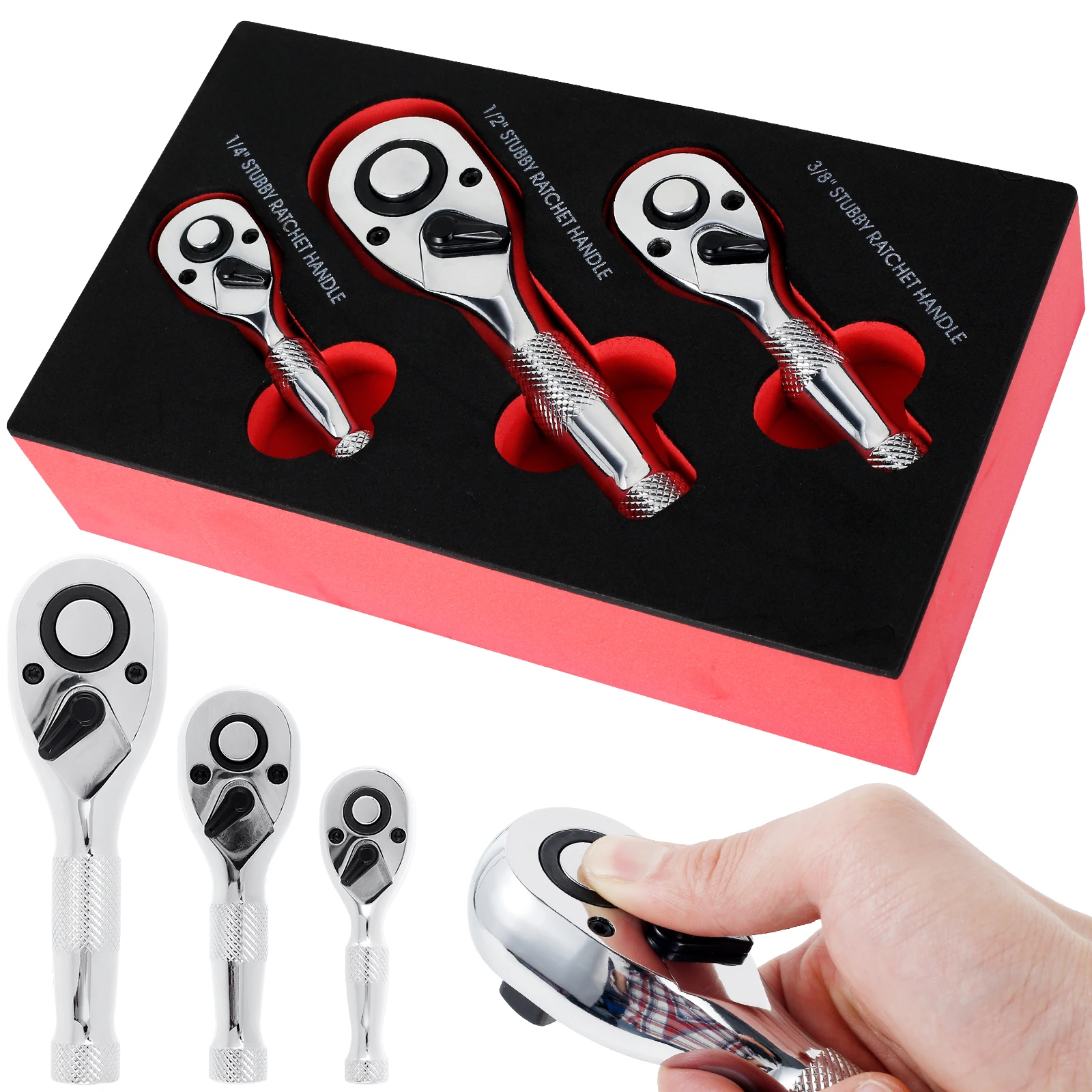 

3Pc Stubby Ratchet Wrench Set 72 Teeth Reversible Mini Ratchet Wrench