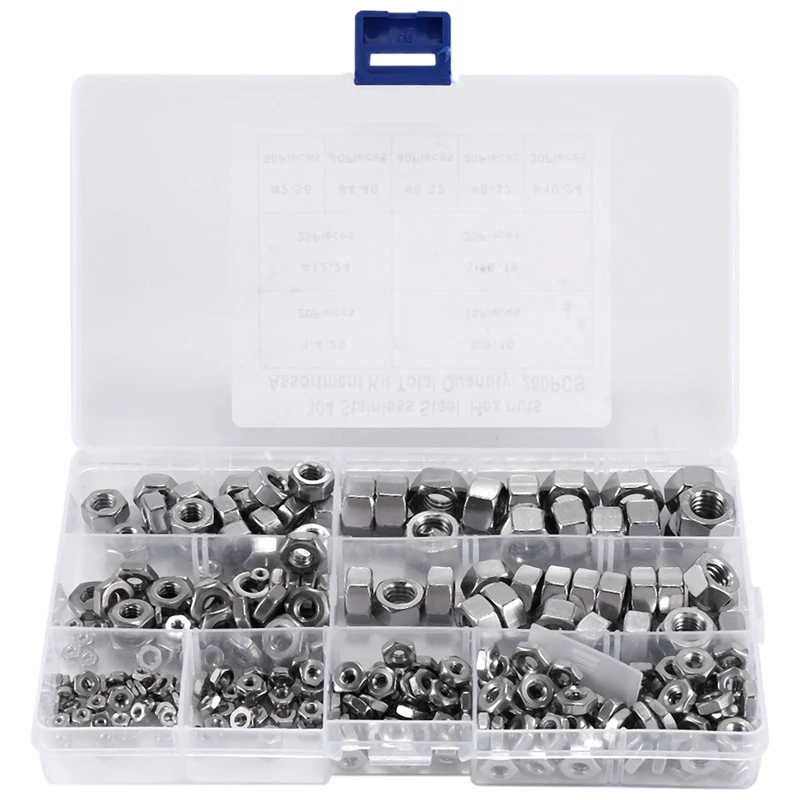 Stainless Steel Nuts 2-56 To 3/8Inch-16 UNC Hex Nuts Assortment Kit For Screws Bolts-280Pcs