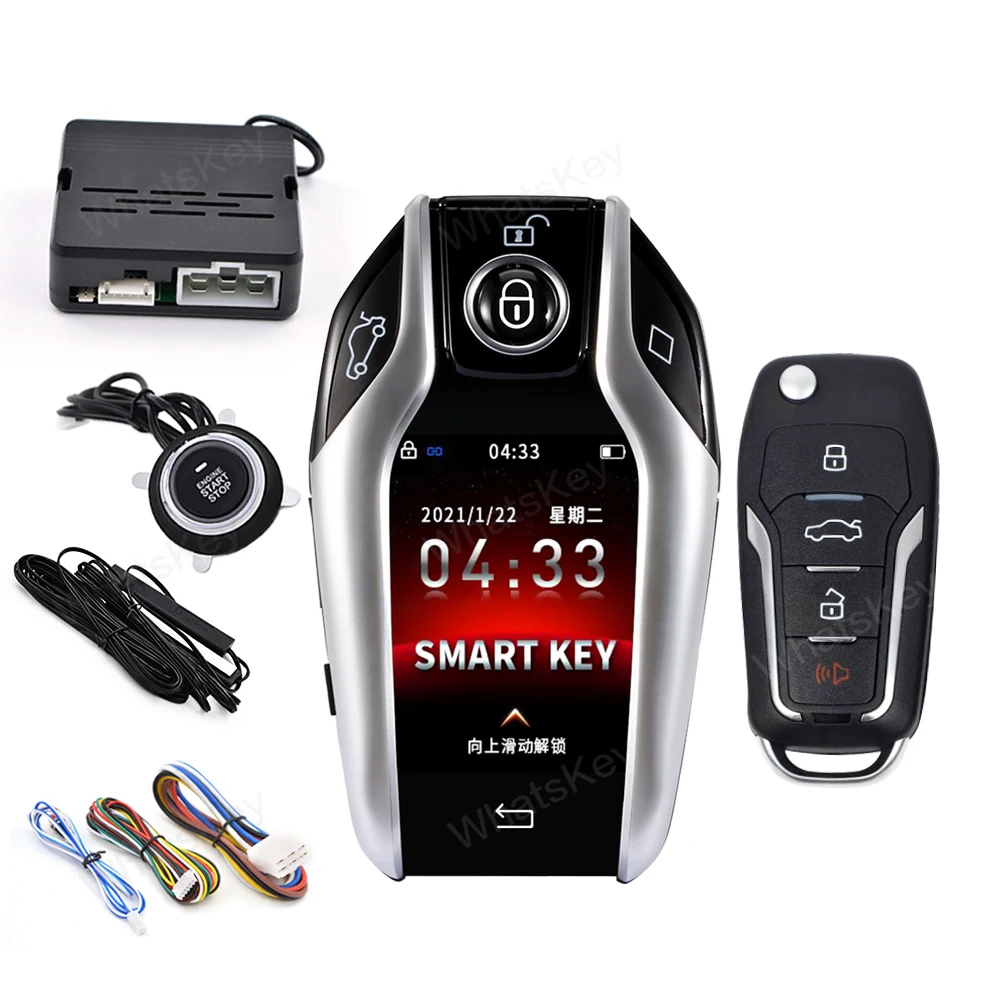 thumbnail image 1 of Sistema de alarma de arranque del motor con entrada sin llave para automóvil, botón de arranque con un botón, sistema de alarma de arranque y parada del vehículo a distancia con llave LCD, 1 of 5