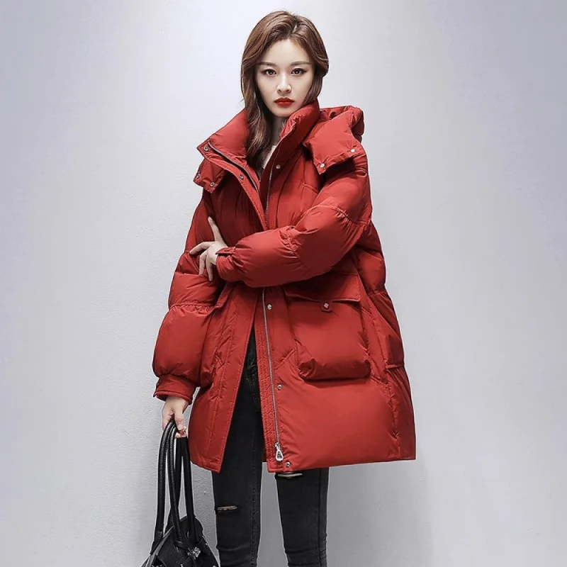 

Warm wintertrendy2023 New Mid-Length down Jacket Women's Winter White Duck down High-End Warm Hooded Jacket Jiaxing Pinghufashio
