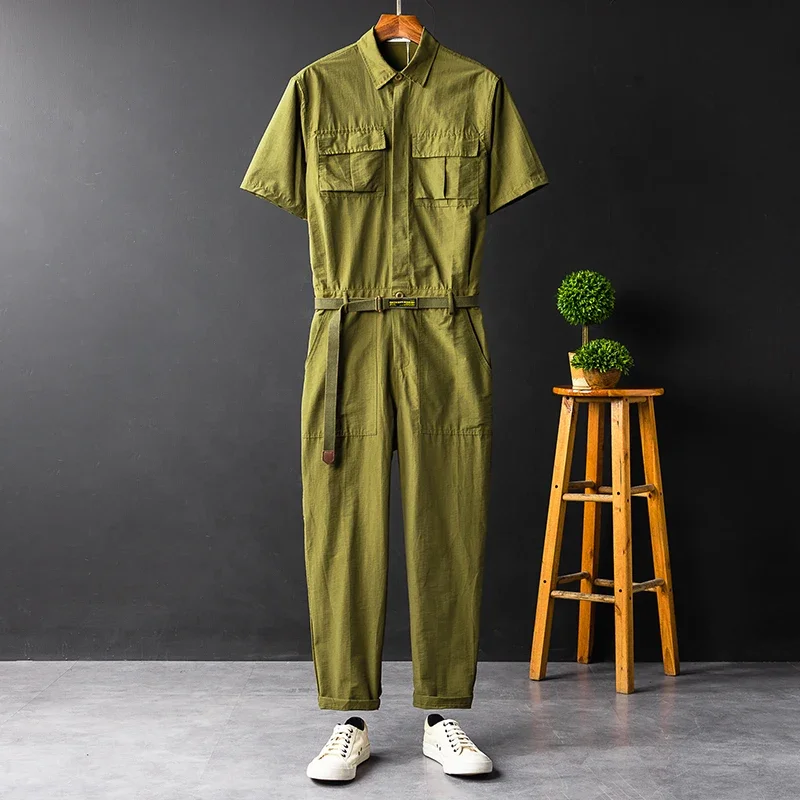 Men and Women's Vintage Short Sleeve Jumpsuit, Couple Thin Summer Clothing Set, American Fashion Brand, Casual, Navy Blue