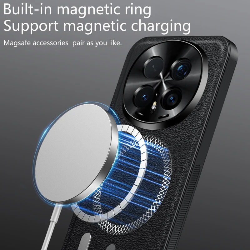 Luxury PU Leather Phone Case with Magsafe and Magnetic Ring Lens Protection - Shockproof Cover