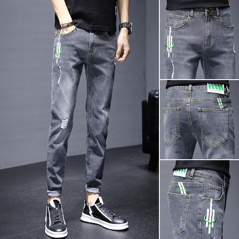 

Spring and autumn jeans men's tide brand slim feet trend casual summer thin long pants men's new style in 2022