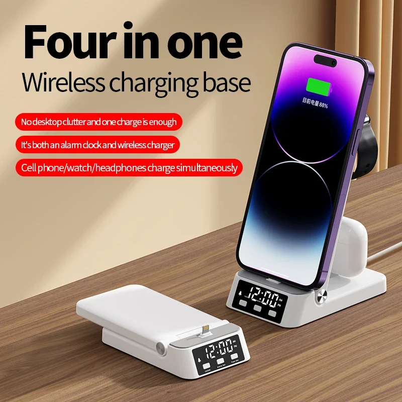 접이식 무선 충전기 시계 알람 스탠드, 고속 충전 스테이션, 아이폰 15, 14, 13 프로 맥스, 삼성 갤럭시 아이워치 8, 7/6 용, 4 인 1