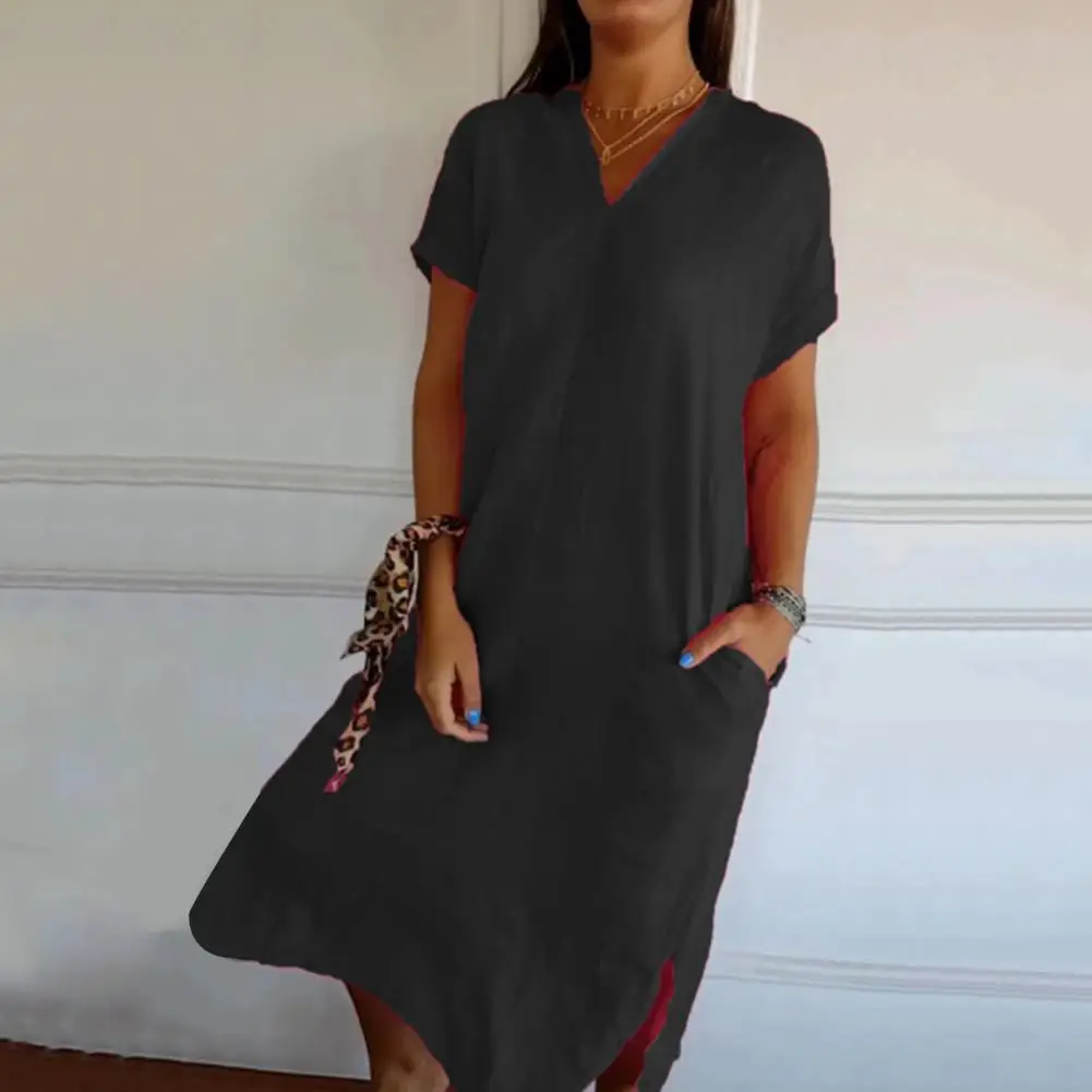 

Summer Women's Dress V Neck Short Sleeve Side Pockets Slit Hem Loose Tie Solid Color Casual Women's Dress