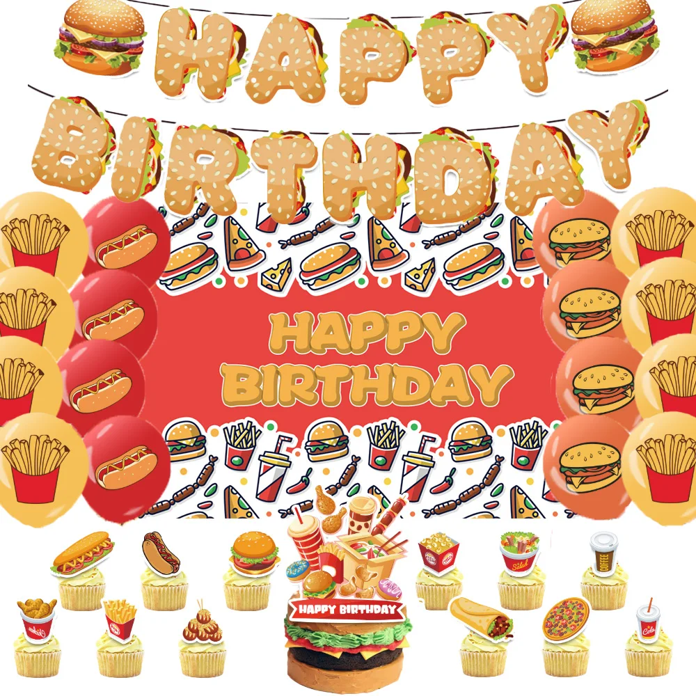 Fast-Food-Themen-Party-Dekorationen Pommes Frites Pizza Hamburger Geburtstags-Hintergrund Brathähnchen Hot Dog Ballon-Set Tortendekoration