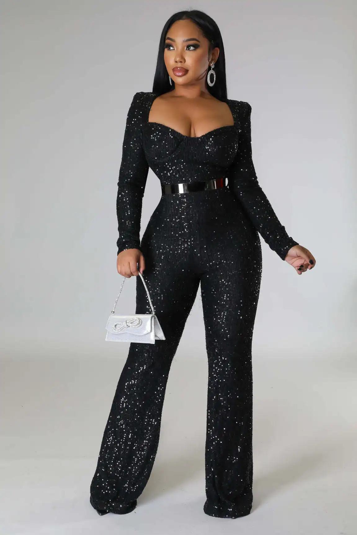 2023 New Arrival Famous Brand Jumpsuits Solid Square Neck Long Sleeve Sexy Party Club Rompers