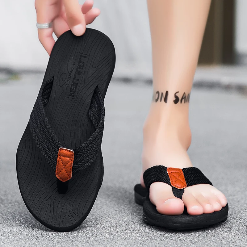 Men's Casual Simple Solid Color Woven Upper Flat Slip-On Flip-Flops Open-Toe Eva Beach Sandals